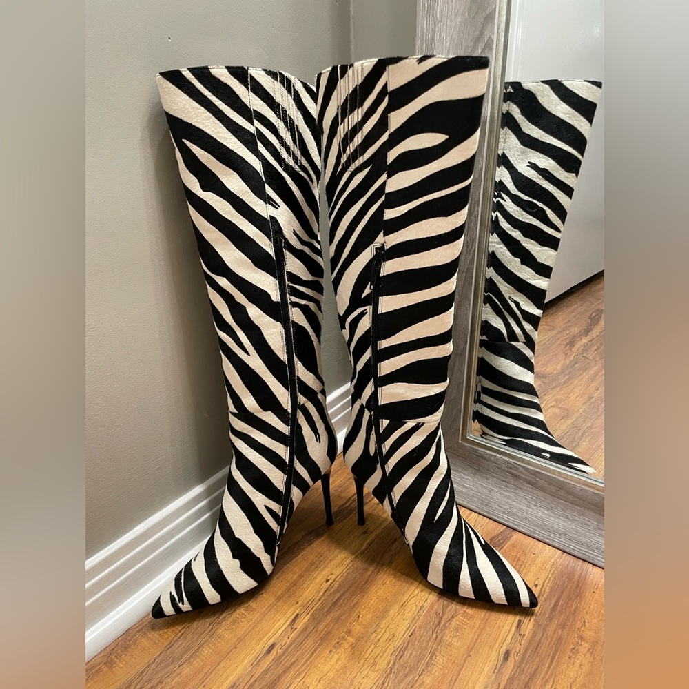 NEW Jeffrey Campbell Arsen Knee Boots Calf Hair Black White Zebra